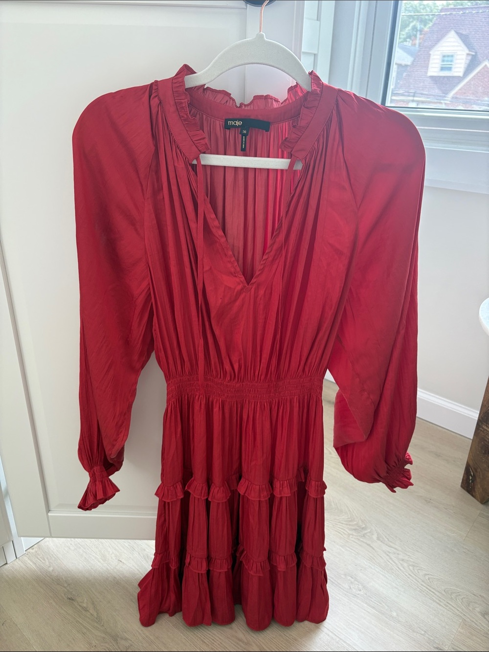 Maje Red Long-Sleeve Tiered Ruffle Dress